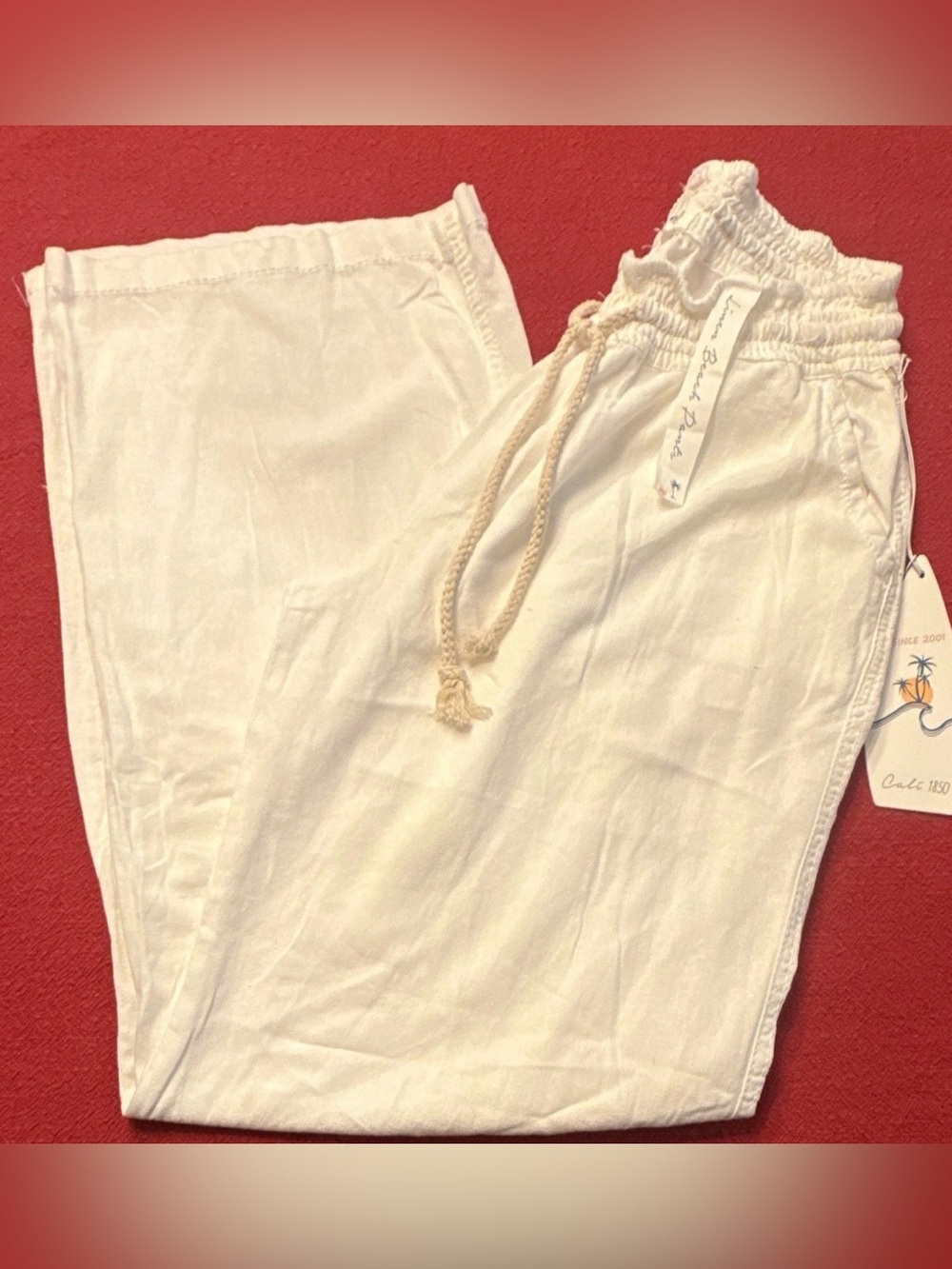 Women’s White Drawstring Wide-Leg Linen Blend Beach Bottoms